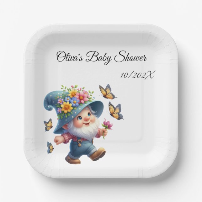 Cute Happy Gnome with Butterfly Baby Shower Paper Plates (Front)