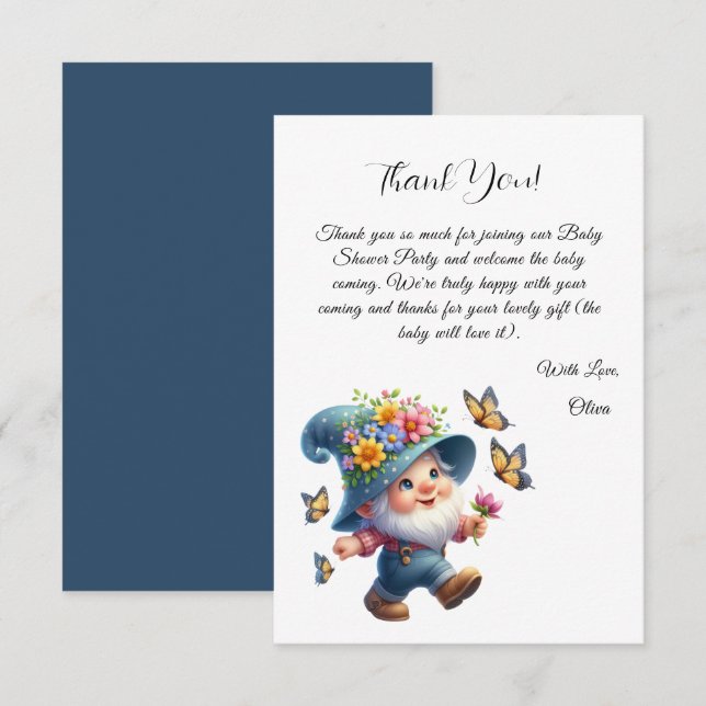 Cute Happy Gnome With Butterfly Baby Shower Thank You Card (Front/Back)