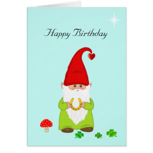 Cute Happy Gnome with Horseshoe Birthday Cards