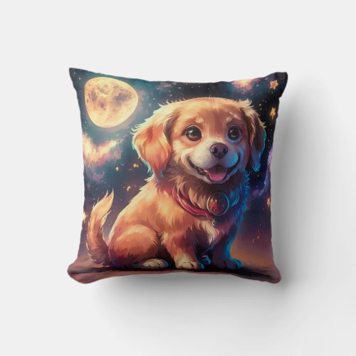 Cute Happy Golden Retriever Puppy at Full Moon Throw Pillow