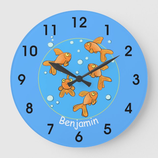 Cute happy goldfish with bubbles cartoon clock (Front)