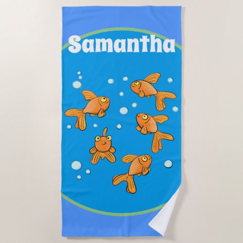 Cute happy goldfish with bubbles cartoon pattern beach towel