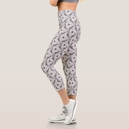 Cute Happy Gray Tabby Cat Face Cartoon Pattern Capri Leggings