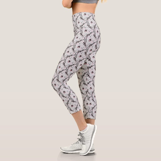 Cute Happy Gray Tabby Cat Face Cartoon Pattern Capri Leggings (Left)