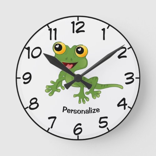 Cute  Happy Green Baby Gecko Cartoon Personalize Round Clock