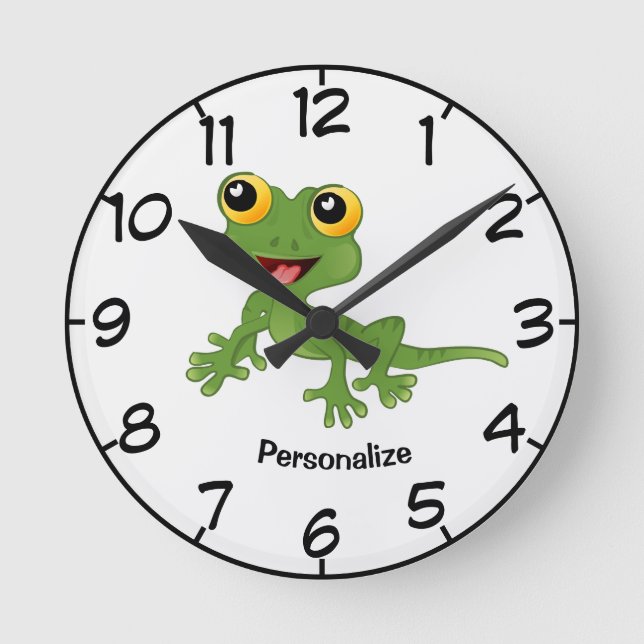 Cute & Happy Green Baby Gecko Cartoon Personalize Round Clock (Front)