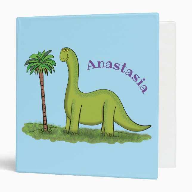 Cute happy green brontosaurus dinosaur cartoon 3 ring binder (Front/Inside)