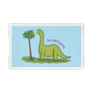 Cute happy green brontosaurus dinosaur cartoon acrylic tray