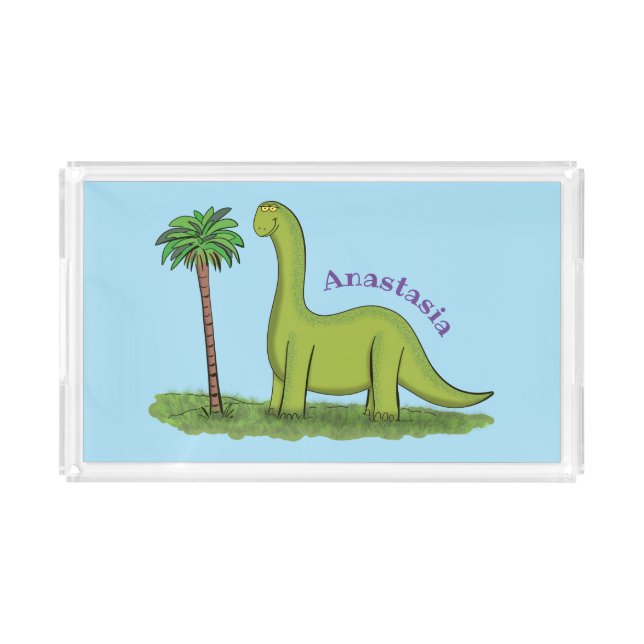 Cute happy green brontosaurus dinosaur cartoon acrylic tray (Front)
