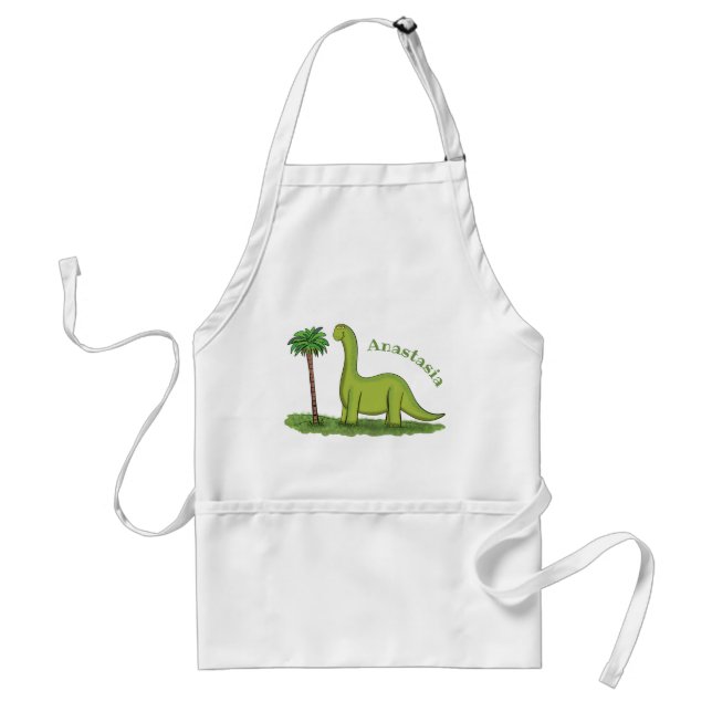 Cute happy green brontosaurus dinosaur cartoon adult apron (Front)