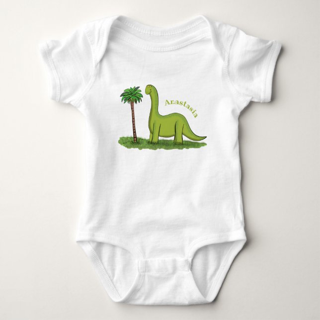 Cute happy green brontosaurus dinosaur cartoon baby bodysuit (Front)