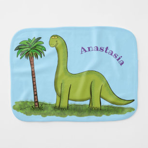 Cute happy green brontosaurus dinosaur cartoon baby burp cloth