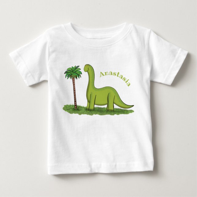 Cute happy green brontosaurus dinosaur cartoon baby T-Shirt (Front)