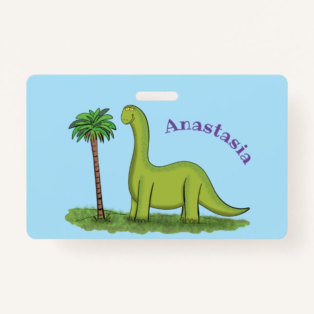 Cute happy green brontosaurus dinosaur cartoon badge (Front)