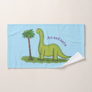Cute happy green brontosaurus dinosaur cartoon bath towel set