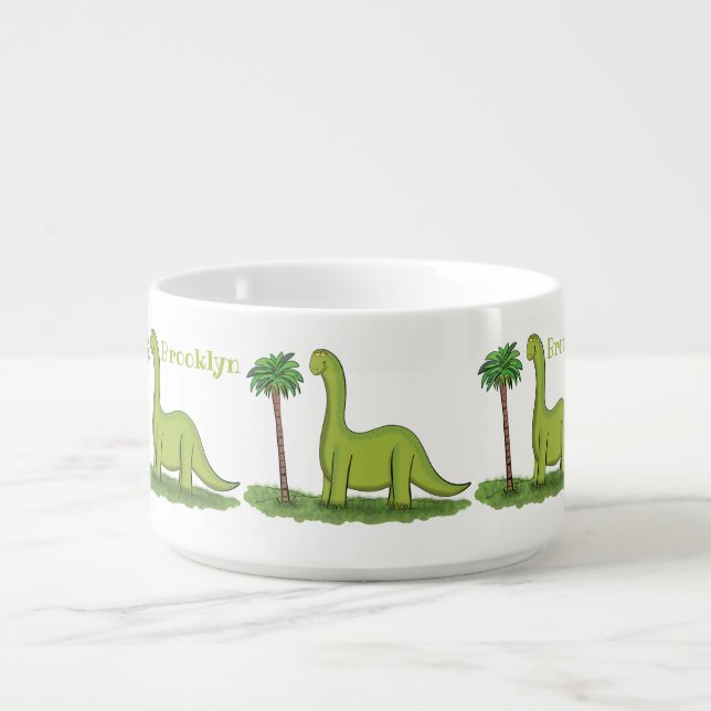 Cute happy green brontosaurus dinosaur cartoon bowl (Center)