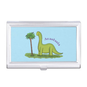 Cute happy green brontosaurus dinosaur cartoon business card case