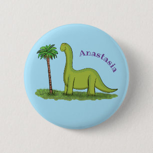 Cute happy green brontosaurus dinosaur cartoon button