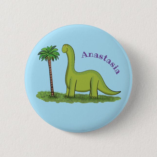 Cute happy green brontosaurus dinosaur cartoon button (Front)