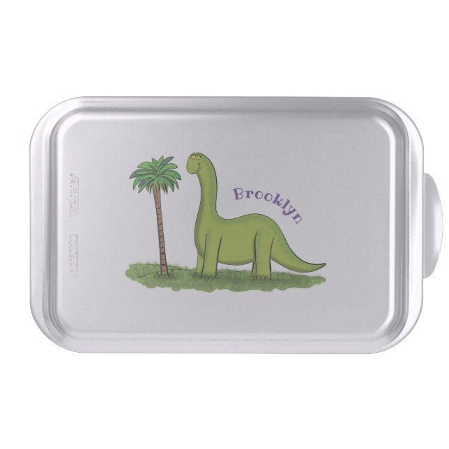 Cute happy green brontosaurus dinosaur cartoon cake pan (Front)