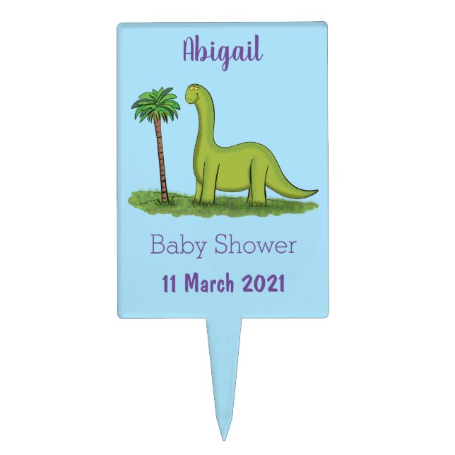 Cute happy green brontosaurus dinosaur cartoon cake topper (Front)