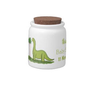 Cute happy green brontosaurus dinosaur cartoon candy jar