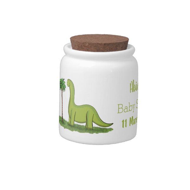Cute happy green brontosaurus dinosaur cartoon candy jar (Left)