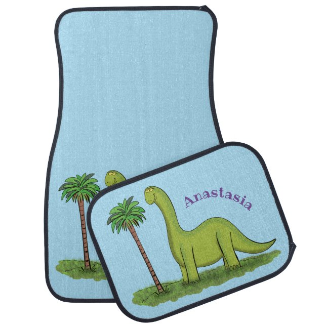 Cute happy green brontosaurus dinosaur cartoon car floor mat (Set)