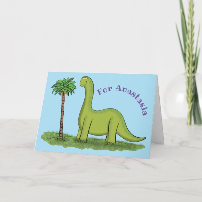 Cute happy green brontosaurus dinosaur cartoon card (Front)