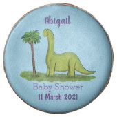 Cute happy green brontosaurus dinosaur cartoon chocolate covered oreo (Front)