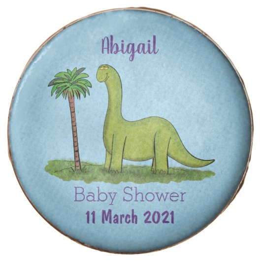 Cute happy green brontosaurus dinosaur cartoon chocolate covered oreo (Front)