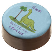 Cute happy green brontosaurus dinosaur cartoon chocolate covered oreo (Angled)