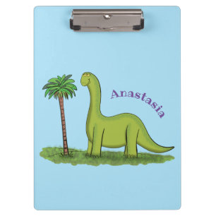 Cute happy green brontosaurus dinosaur cartoon clipboard