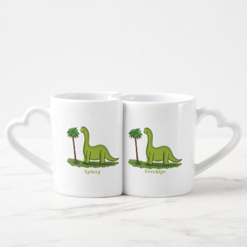 Cute happy green brontosaurus dinosaur cartoon coffee mug set