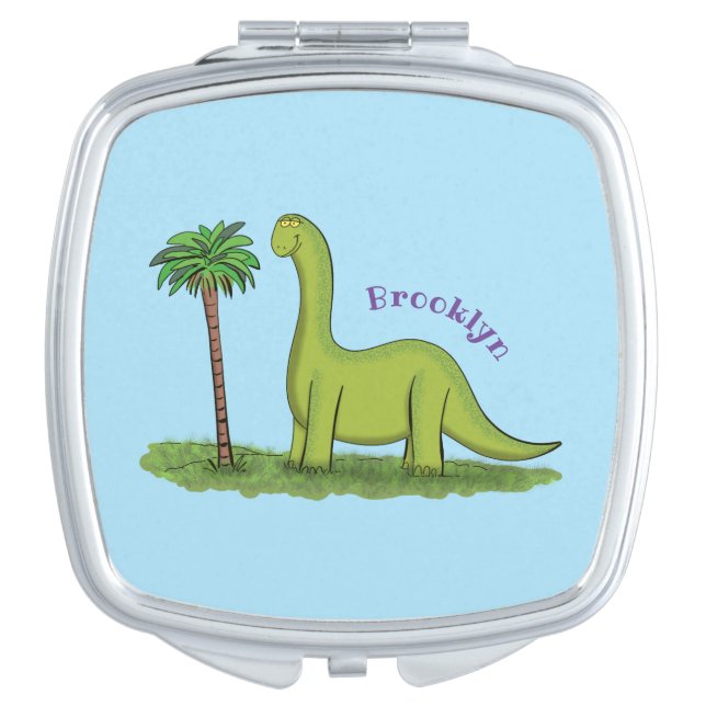 Cute happy green brontosaurus dinosaur cartoon compact mirror (Front)