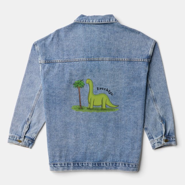 Cute happy green brontosaurus dinosaur cartoon denim jacket (Back)