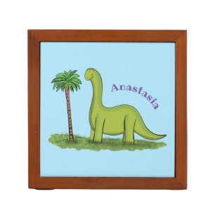 Cute happy green brontosaurus dinosaur cartoon desk organizer