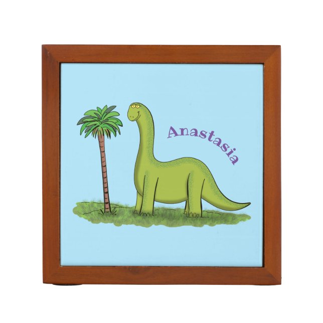 Cute happy green brontosaurus dinosaur cartoon desk organizer (Front)