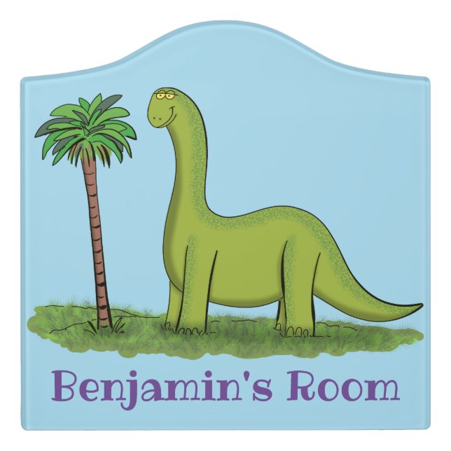 Cute happy green brontosaurus dinosaur cartoon door sign (Large Crest Front)
