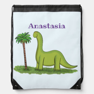 Cute happy green brontosaurus dinosaur cartoon drawstring bag
