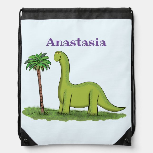 Cute happy green brontosaurus dinosaur cartoon drawstring bag (Front)
