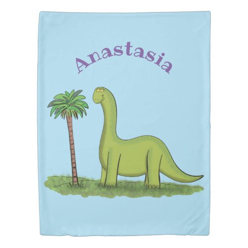 Cute happy green brontosaurus dinosaur cartoon duvet cover