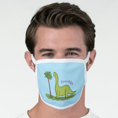 Cute happy green brontosaurus dinosaur cartoon face mask