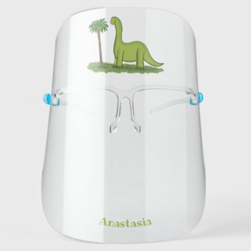 Cute happy green brontosaurus dinosaur cartoon  face shield