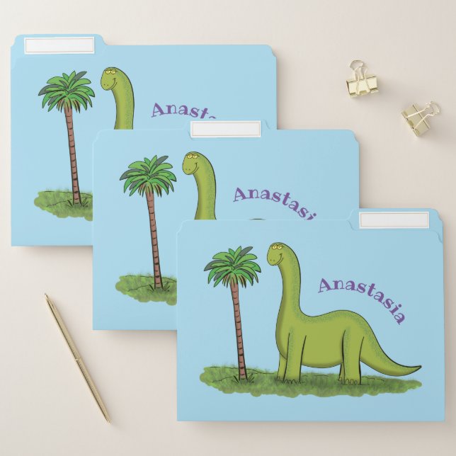 Cute happy green brontosaurus dinosaur cartoon file folder (Set)