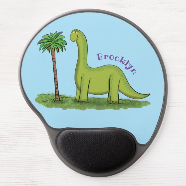 Cute happy green brontosaurus dinosaur cartoon gel mouse pad (Front)