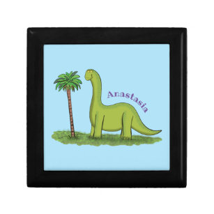 Cute happy green brontosaurus dinosaur cartoon gift box
