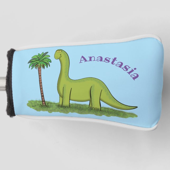 Cute happy green brontosaurus dinosaur cartoon golf head cover (Front)