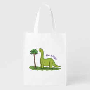 Cute happy green brontosaurus dinosaur cartoon grocery bag