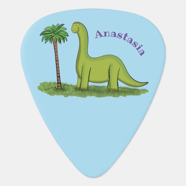 Cute happy green brontosaurus dinosaur cartoon guitar pick (Front)